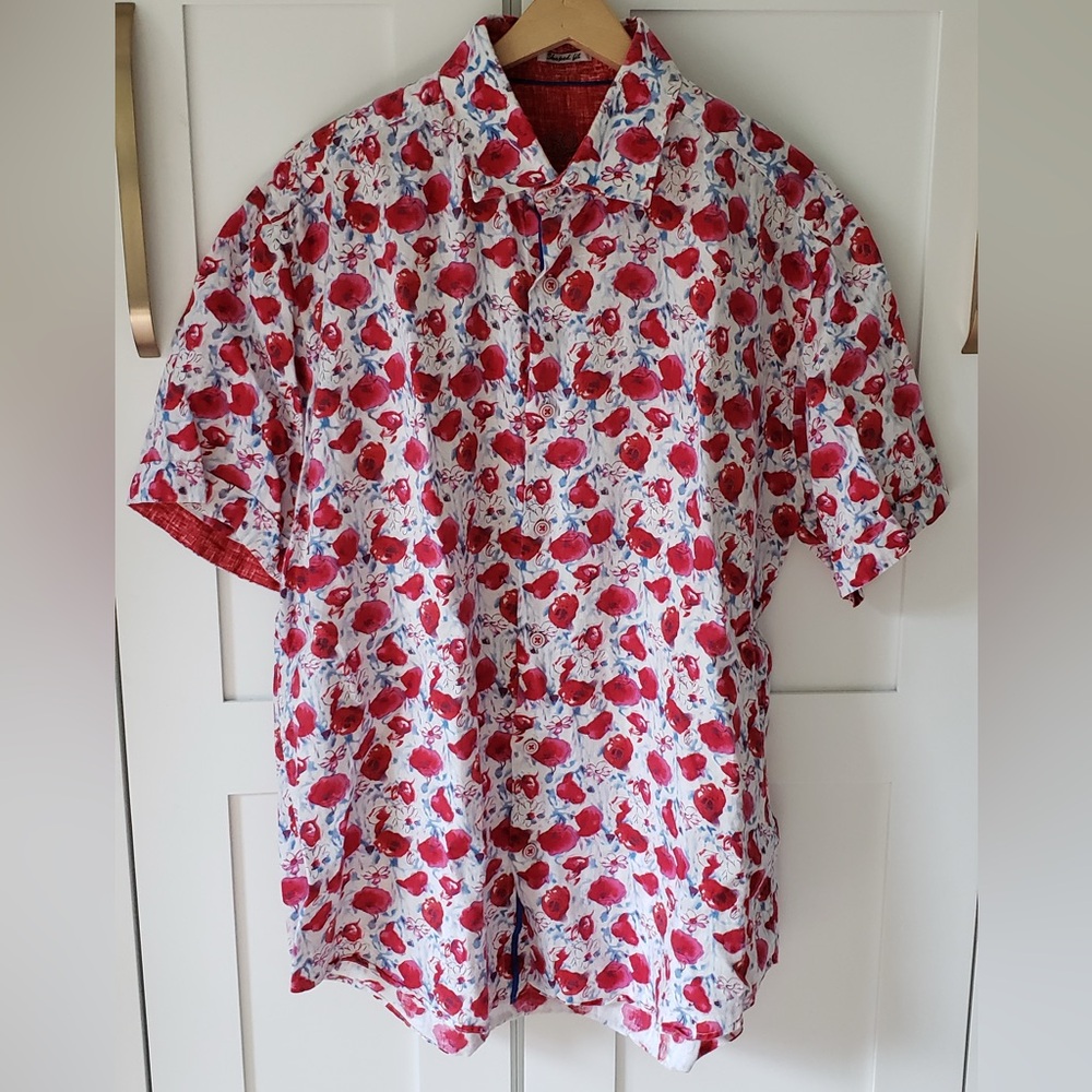 Bugatchi Uomo Shirt Mens L White Red Floral Linen Shaped Fit Button Up Luxury